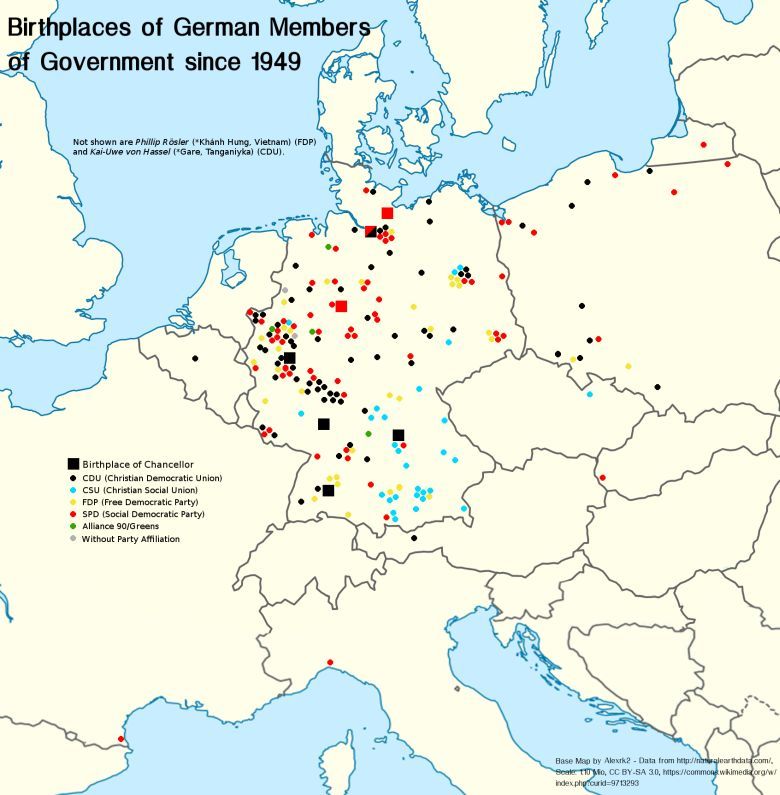 Miejsca urodzenia członków rządu niemieckiego od 1949 r.