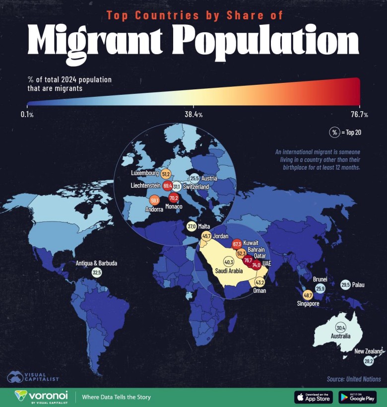 Kraje o najwyższym udziale migrantów międzynarodowych, 2024