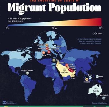 Kraje o najwyższym udziale migrantów międzynarodowych, 2024