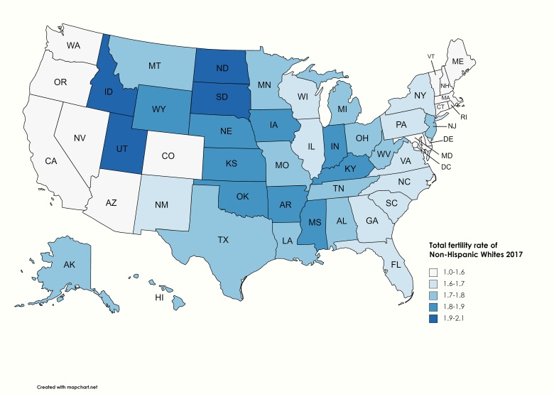 Współczynnik dzietności (liczba urodzeń na kobietę) białych (niehiszpańskich) w poszczególnych stanach USA, 2017