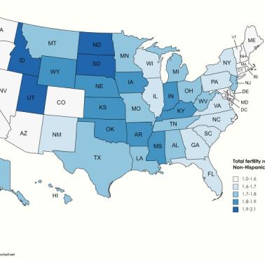 Współczynnik dzietności (liczba urodzeń na kobietę) białych (niehiszpańskich) w poszczególnych stanach USA, 2017