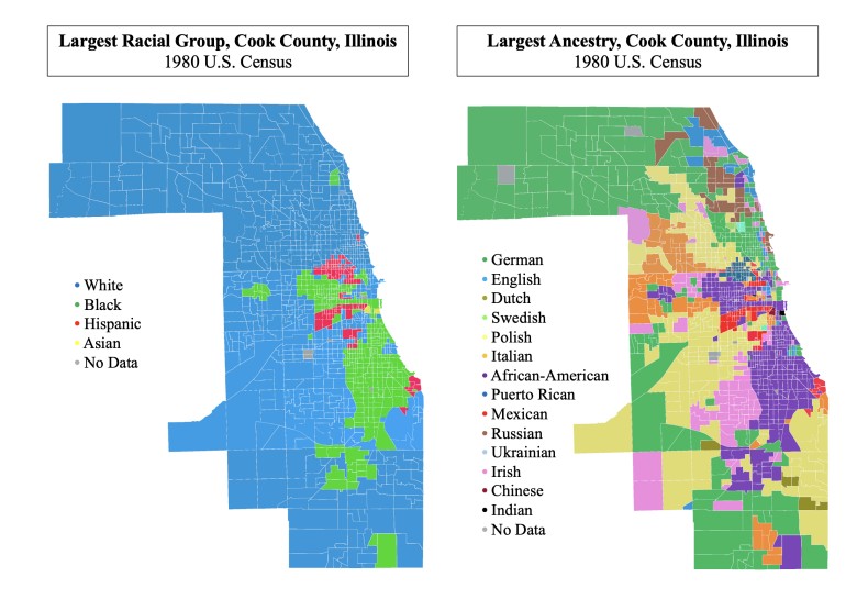 Mapa rasowa i etnicza (pochodzenie) Chicago, 1980
