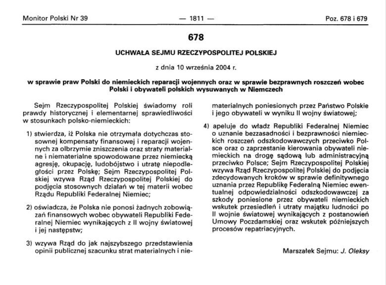 III RP, uchwała Sejmu RP w sprawie reparacji wojennych z 2004 roku