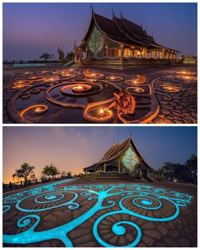 Podświetlony ogród kamienny, Sirindhorn Wararam Phu Prao Temple (Wat Phu Prao) w Tajlandii