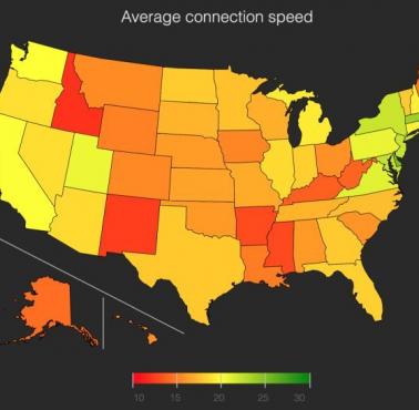 Średnia prędkość internetu w poszczególnych stanach USA, w Mbps