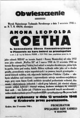 5 IX 1946 w Krakowie Trybunał skazał na karę śmierci Amona Goetha, austriackiego zbrodniarza, komendanta KL Płaszów