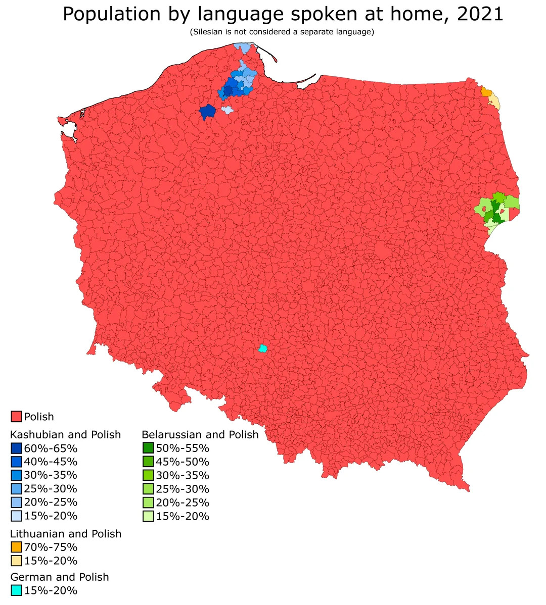 Odsetek ludności, która w domu posługuje się innym językiem niż polski (wyjątkowo uwzględniono żargon kaszubski), 2021