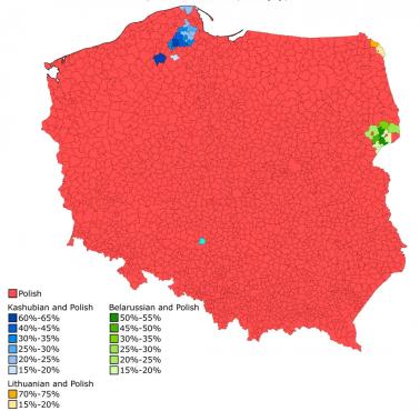 Odsetek ludności, która w domu posługuje się innym językiem niż polski (wyjątkowo uwzględniono żargon kaszubski), 2021