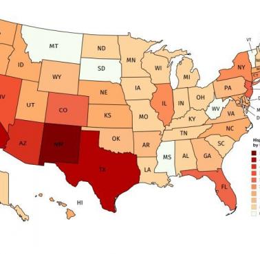 Odsetek urodzeń Latynosów w USA w całej puli urodzeń w poszczególnych stanach, 2015