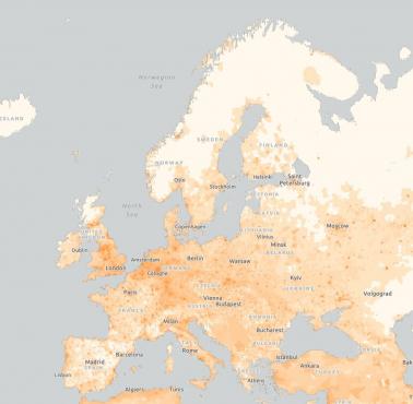 Gęstość zaludnienia Europy z uwzględnieniem europejskiej części Rosji