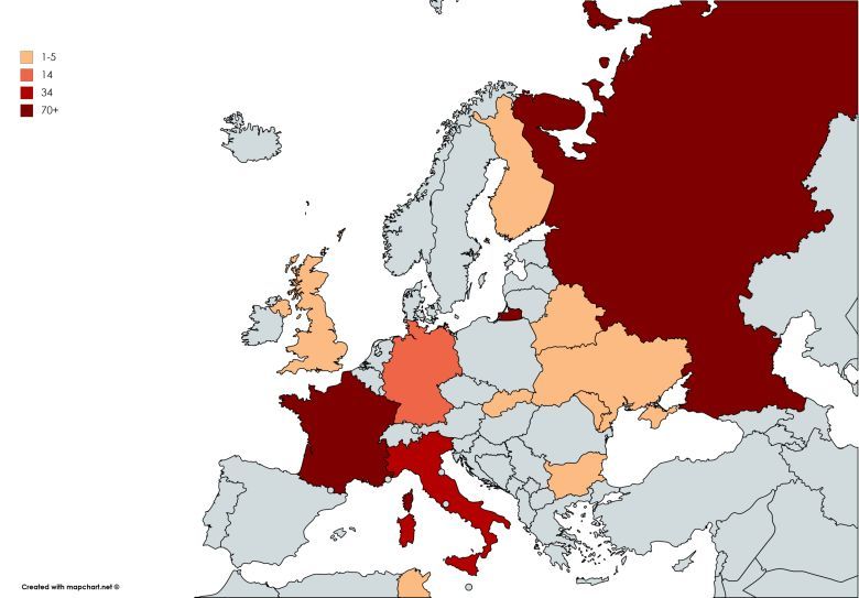 Liczba miejsc nazwanych imieniem Lenina w poszczególnych europejskich państwach