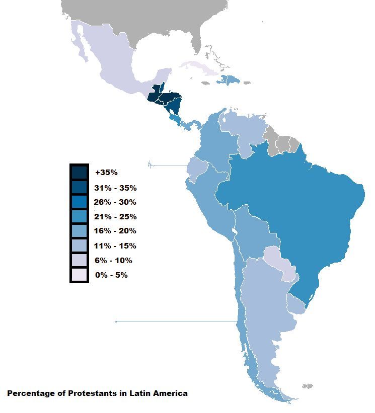 Odsetek protestantów w Ameryce Łacińskiej