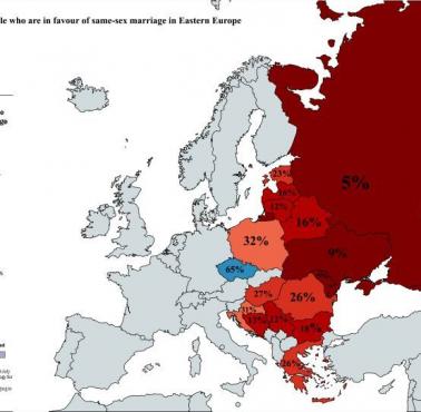 Odsetek osób opowiadających się za małżeństwem osób tej samej płci (ideologia LGBT) w Europie Wschodniej, 2016