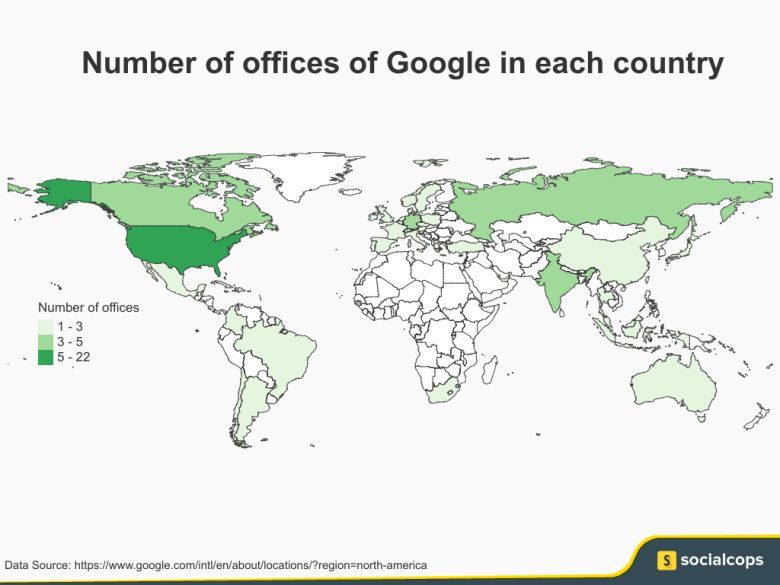 Liczba biur Google w każdym kraju