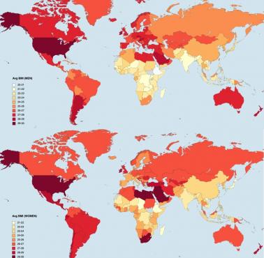 Średni wskaźnik masy ciała (BMI, wskaźnik otyłości). Różnica między kobietami i mężczyznami, 2016, NCD Risk Factor Colla