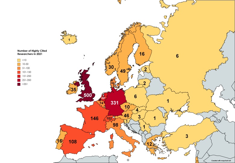 Liczba wysoko cytowanych naukowców w Europie, 2021