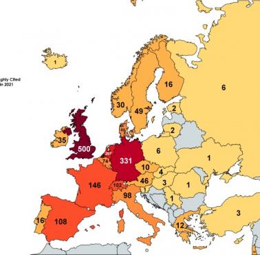 Liczba wysoko cytowanych naukowców w Europie, 2021