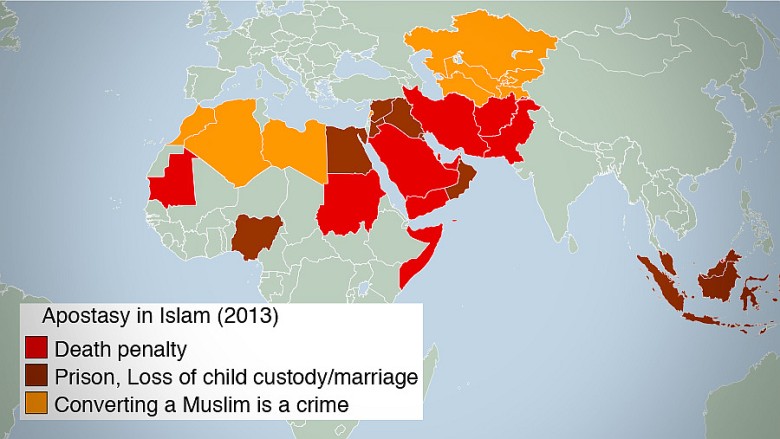 Co grozi za apostazję (porzucenie wiary) w poszczególnych państwach islamskich, 2013