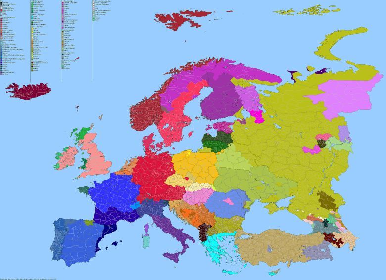 Mapa językowa Europy zawierająca wszystkie istniejące języki
