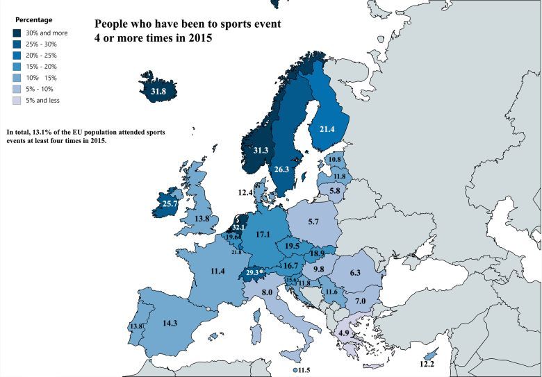 Jak często mieszkańcy poszczególnych europejskich państw chodzą na zawody sportowe, 2015
