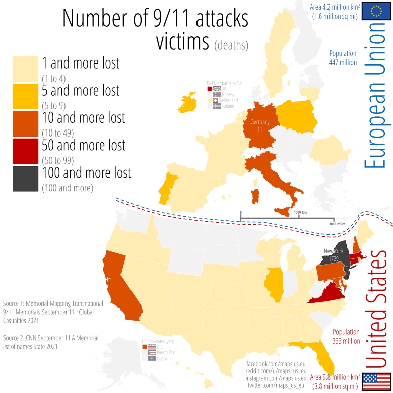 Liczba ofiar ataków z 11 września 2001 na WTC z podziałem na obywateli różnych państw w Europie i stany USA