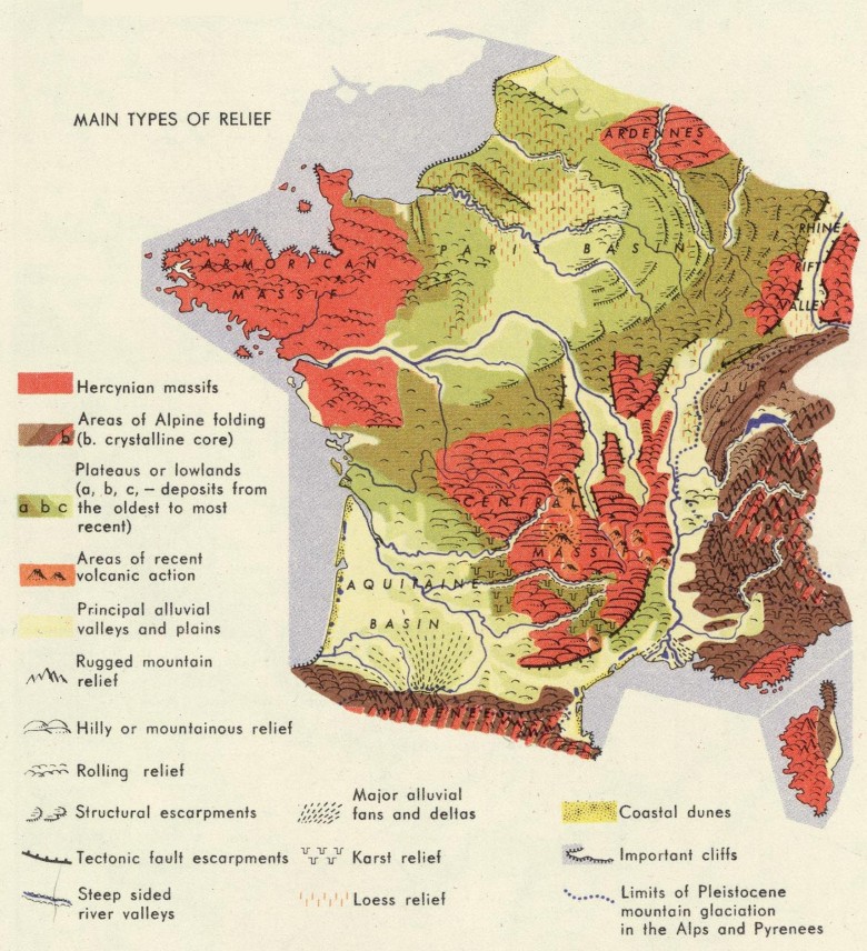 Reliefowa mapa Francji z 60-tych XX wieku