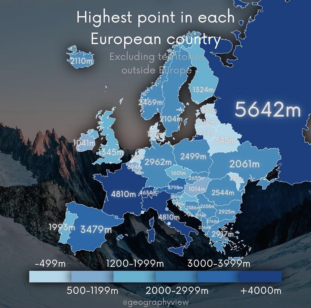 Najwyższy szczyt w poszczególnych europejskich krajach