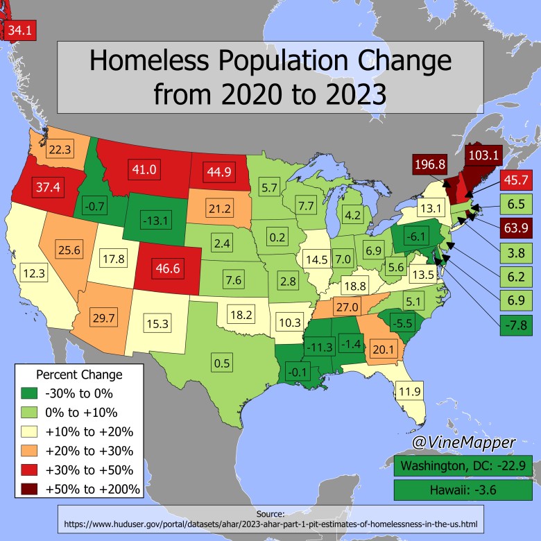 Zmiana procentowa populacji bezdomnych w USA w latach 2020-2023 r. z podziałem na stany