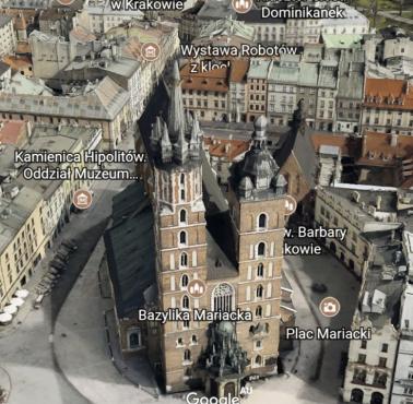 Google wymazuje krzyże z aplikacji Google Earth. Na Kościele Mariackim w Krakowie w Google Earth nie ma krzyża