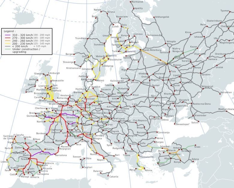 Mapa tras szybkiego ruchu w Europie