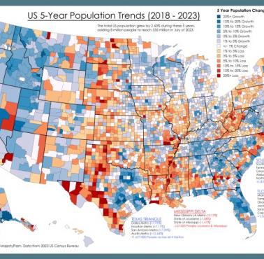 Zmiana liczby w USA z podziałem na hrabstwa w latach 2018-2023