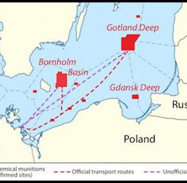 Obszary na Bałtyku, gdzie Niemcy i Rosjanie zatopili ok. 50 tys. ton broni chemicznej