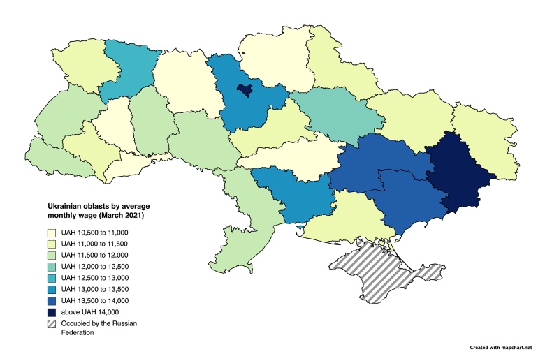 Obwody Ukrainy według średniego miesięcznego wynagrodzenia (marzec 2021)