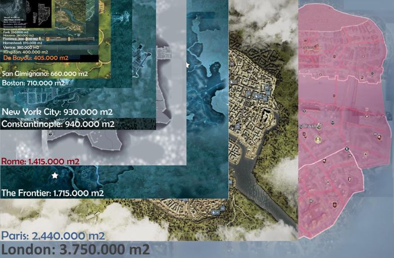 Wielkość map w poszczególnych częściach gry Assassins Creed