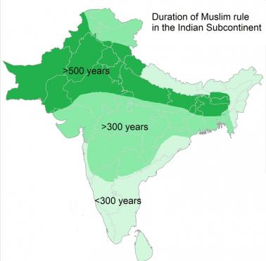 Terytoria pod panowaniem muzułmanów w Indiach wraz z liczbą lat