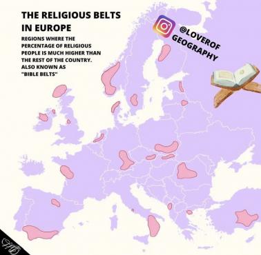 Obszary w Europie, gdzie odsetek osób religijnych jest znacznie wyższy niż w pozostałej części kraju