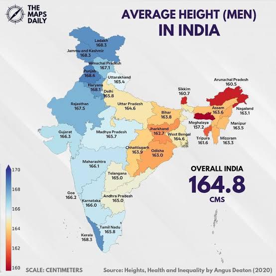 Średni wzrost mężczyzn w Indiach z podziałem na regiony, 2020