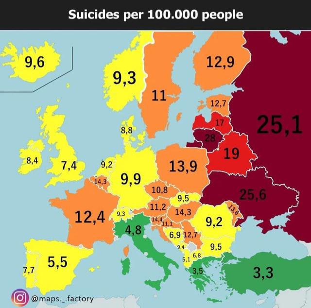 Wskaźniki samobójstw na 100 tys. mieszkańców w Europie, 2018, WHO