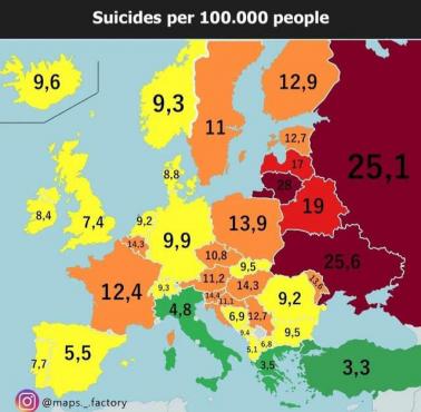 Wskaźniki samobójstw na 100 tys. mieszkańców w Europie, 2018, WHO