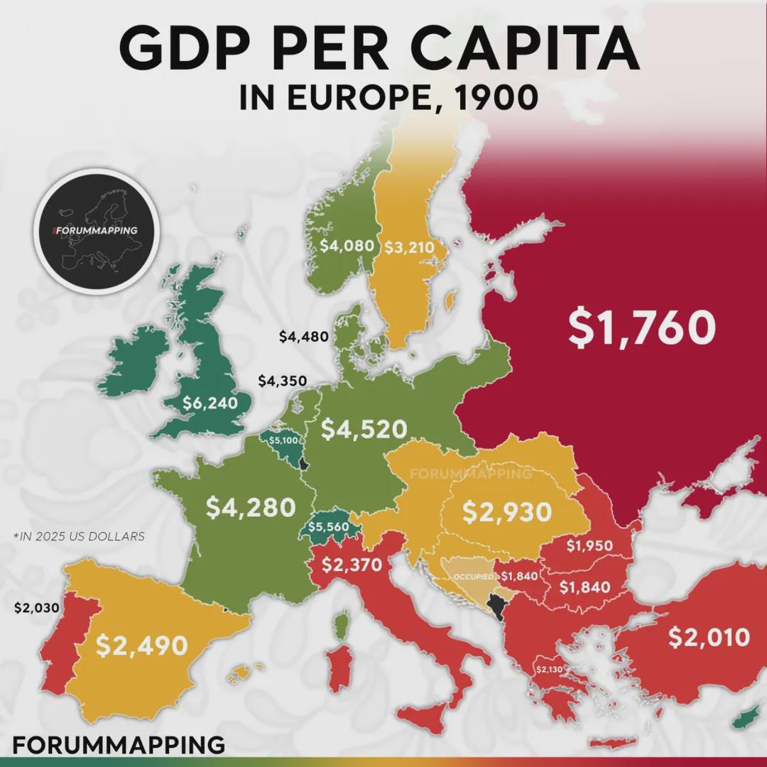 PKB na mieszkańca (PPP) w Europie z 1900 roku (w dolarach)