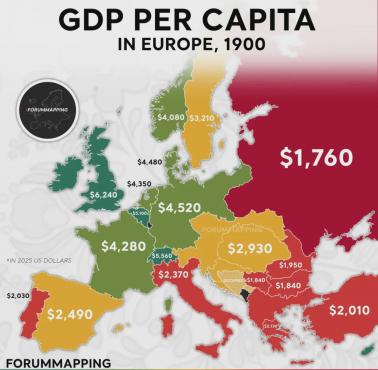 PKB na mieszkańca (PPP) w Europie z 1900 roku (w dolarach)