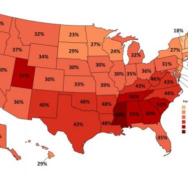 Odsetek osób czytających Biblię co tydzień według stanu USA