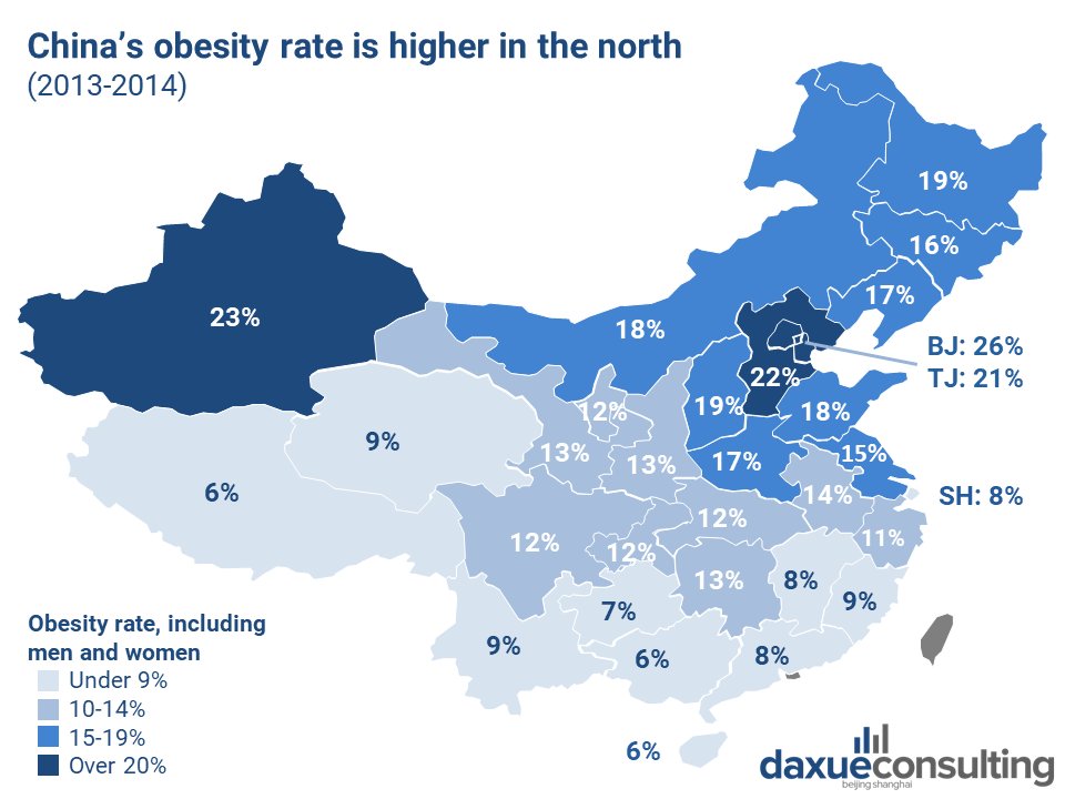Współczynnik otyłości w Chinach z podziałem na prowincje, 2013-2014