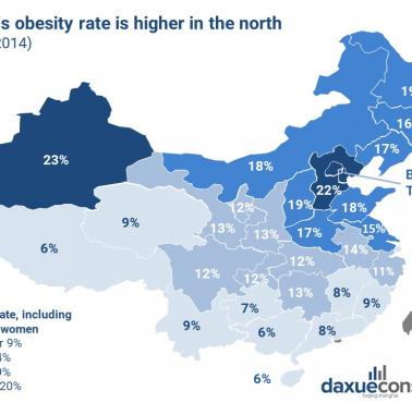 Współczynnik otyłości w Chinach z podziałem na prowincje, 2013-2014