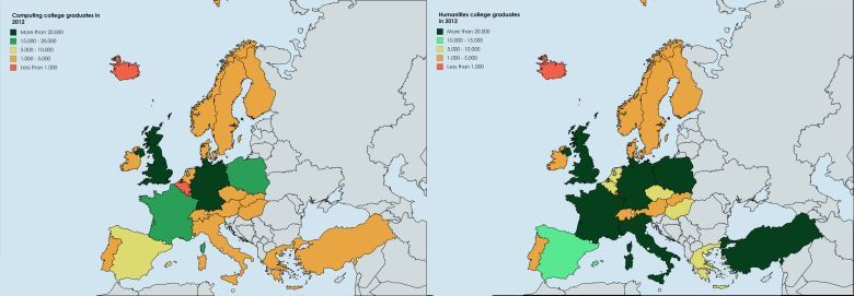 Porównanie absolwentów kierunków informatycznych i humanistycznych w Europie, 2012