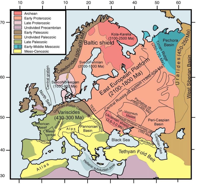 Uproszczona mapa wieku geologicznego Europy i regionów sąsiednich