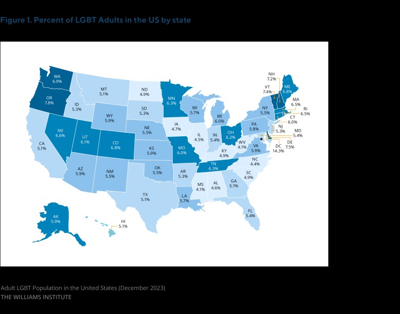 Odsetek ludzi w USA z podziałem na stany identyfikujących się jako osoby LGBT, 2023
