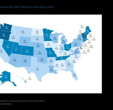 Odsetek ludzi w USA z podziałem na stany identyfikujących się jako osoby LGBT, 2023