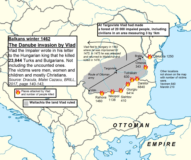 Mapa z miejscem bitew i ofiar Vlada Draculi (Wład III Palownik)