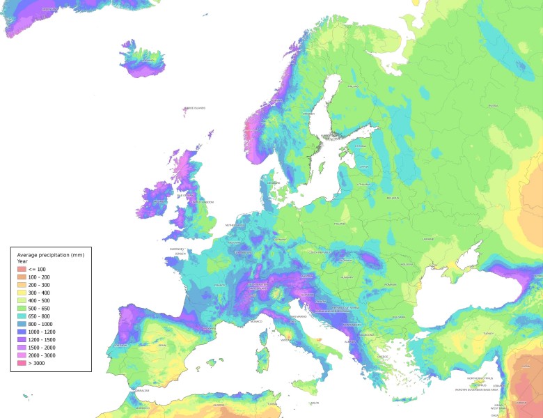 Roczne opady deszczu w Europie (w milimetrach)